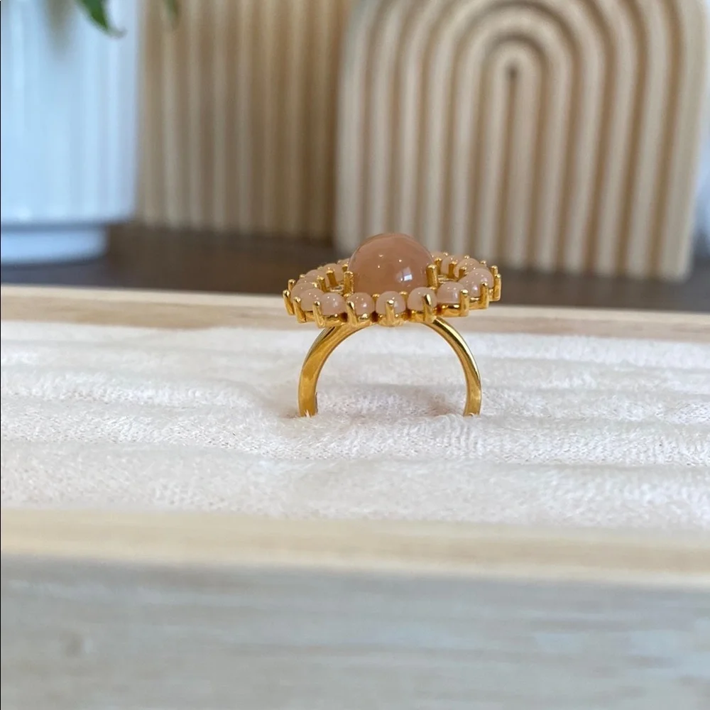New Hespera Authentic Peach Moonstone and White Topaz Teardrop Adjustable Ring